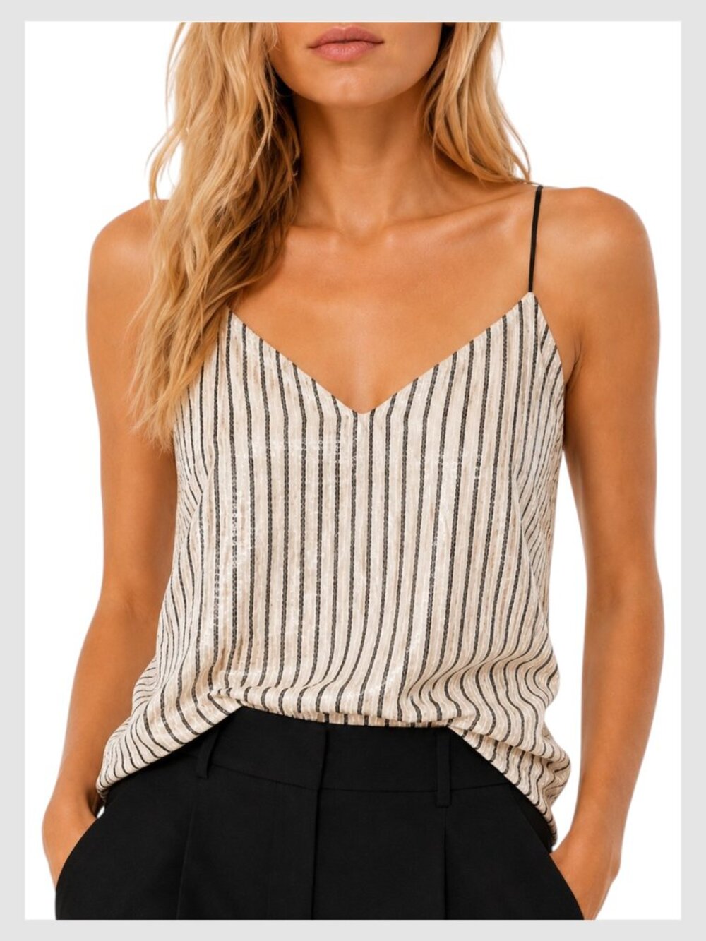 Banana Republic Sequin Cami Ivory Striped V-Neck XS